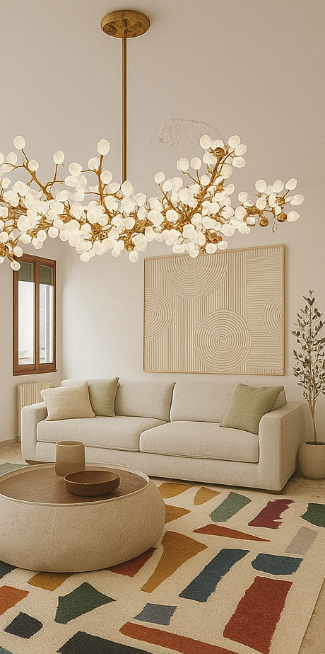 Virtuelles Homestaging Heller Wohnraum mit einer bequemen Couch, einer auffälligen Lampe und einem bunten Teppich.