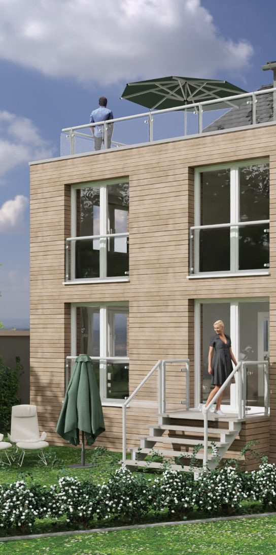 Architekturvisualisierung Modernes Haus mit großen Fenstern, Terrasse und Garten, eine Person steht auf der Treppe.