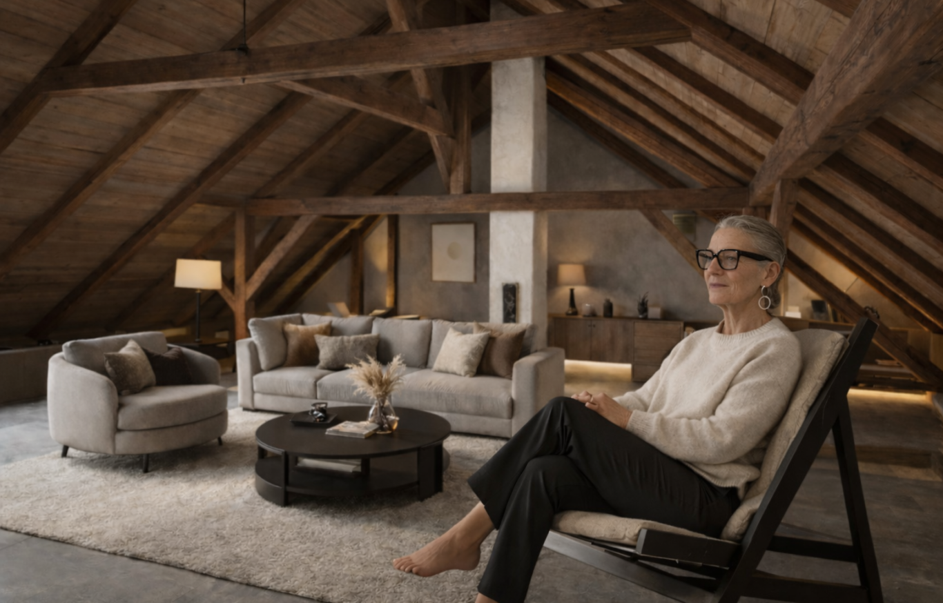 Wohnen Helles Wohnzimmer mit Sofa, Tisch, Bücherregal und Blick auf die Berge.